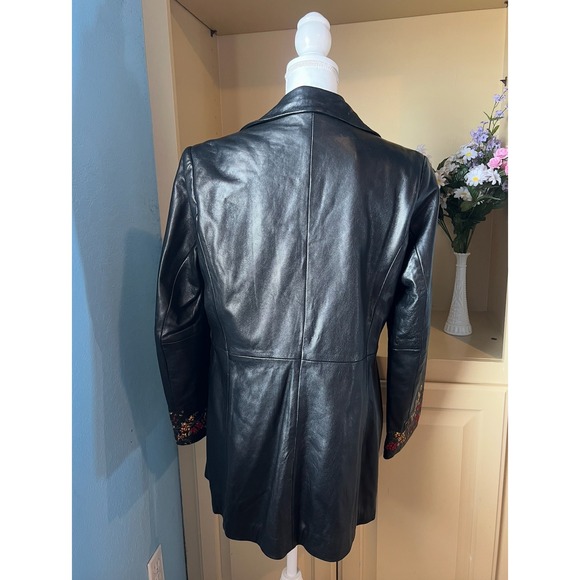 Y2K Vtg Womens Large Black Real Leather Jacket Embroidered Floral Biker Boho - Picture 2 of 10